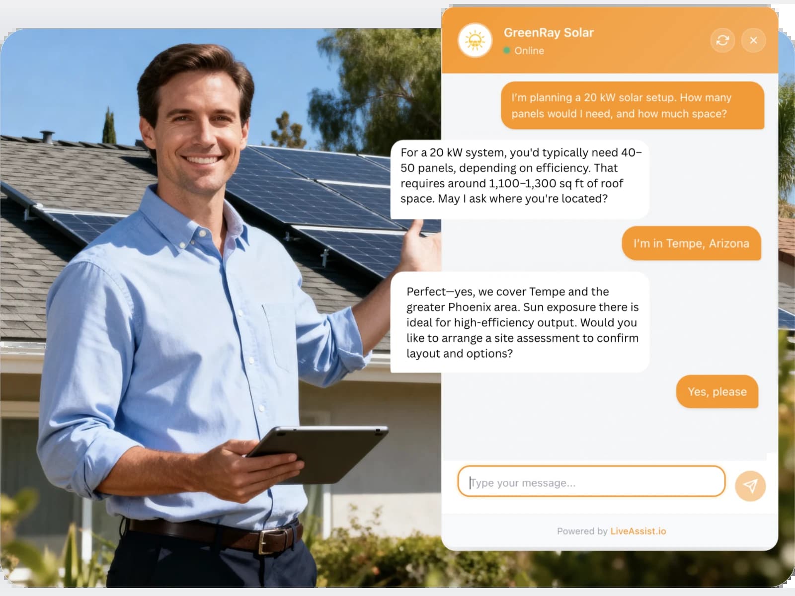 LiveAssist qualifying a solar installation lead through natural conversation.
